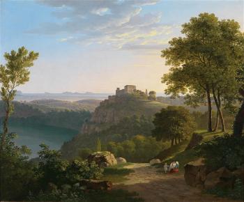 Two views from the surroundings of Rome: (1) View of Genzano and Lake Nemi; (2) View of Ariccia and the Palazzo Chigi by 
																			Johannes Hauenstein